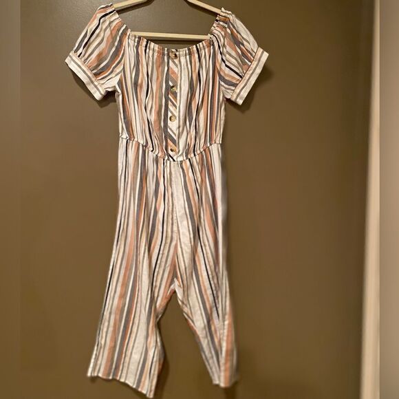 Hint Of Blush Striped Romper Jumpsuit Size Large Wide Leg Cropped - Picture 2 of 11
